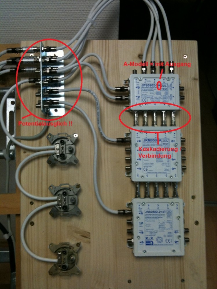 Beispiel kaskadierte Multischalter<br />A = Schalter mit Ausgang (Kaskaden) / T = terminierte Multischalter ohne Ausgänge