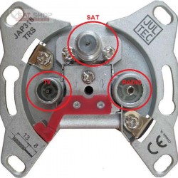 SAT Antennendose 3-Loch mit 3 Ausgängen für SAT-Anschluss, TV-Anschluss terrestrisch bzw. Modem und Radio-Anschluss